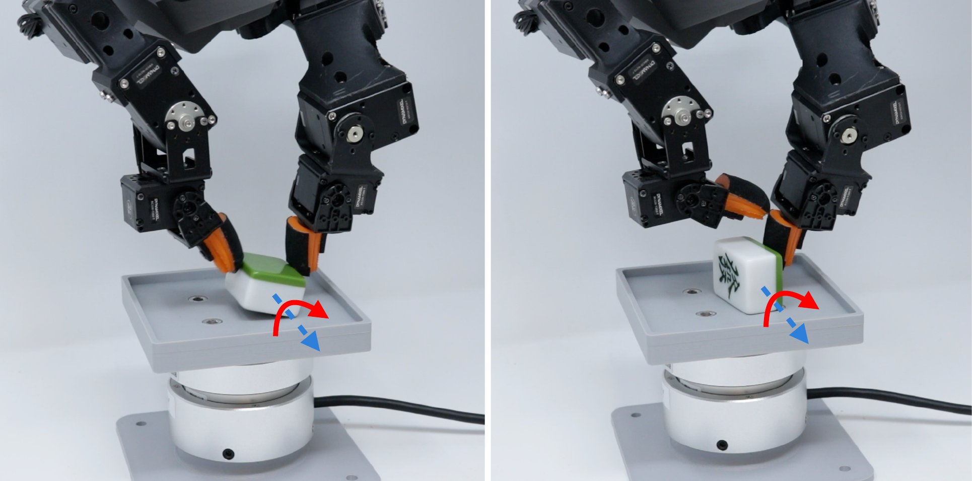 Two frames of the DITTO hand flipping a mahjong tile on a platform mounted on a force-torque sensor; arrows mark the flip direction.